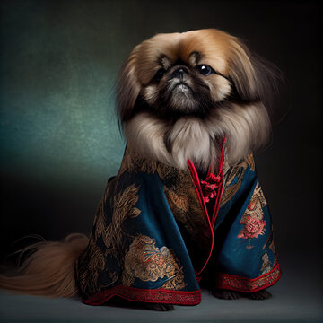 Portrait of a Pekingese dog dressed in a traditional Chinese suit photography