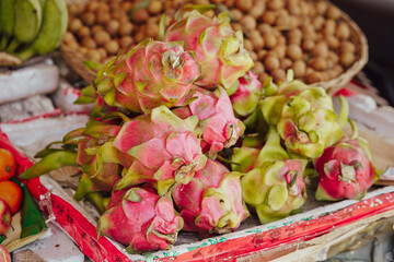 Fresh tropical fruits on display at a traditional market