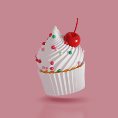 Sweet food icon. Cupcake with cherry. 3d render