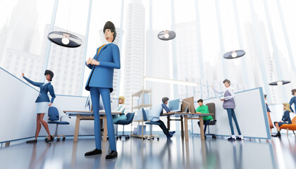 Businessman stands  in the office and watching his team  working. 3D rendering illustration