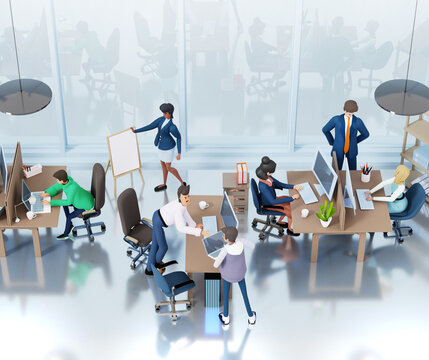 Big office with many people working. Business team is working together, people having meeting, discussing  deal, project progress.  3D rendering illustration