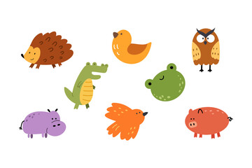 Set of cute animal in naive art style. Collection of various animal in cartoon illustration