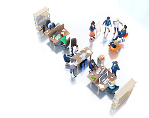 Big office with many people working. Business team is working together, people having meeting, discussing  deal, project progress.  3D rendering illustration