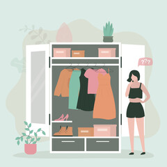Shopping female character choosing clothes. Fashion woman standing near wardrobe, organizing space for clothing. Shelves with apparel and outfit, accessories and boots.