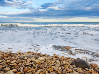 Sea shore beach. Blue wave and cloud on landscape. Beautiful coastline on summer vacation.