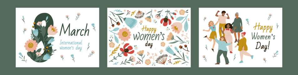 Set of vector illustrations for International Women's Day. Happy women and flower pattern colorful design. Collection of templates for cards, banners