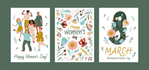 Set of vector illustrations for International Women's Day. Happy women and flower pattern colorful design. Collection of templates for cards, posters, banners
