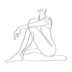 Hand-drawn woman sitting pose fashion girl one-line art drawing illustration