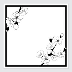 Greeting card design template with a cherry blossom branch. Vector illustration