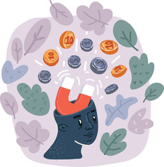 Vector illustration of head with the magnet inside is attracting money