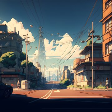 2d anime city horizon high foreground street in foreground 