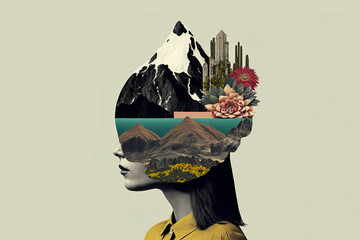 Abstract art, collage with female portrait and mountains, generative ai