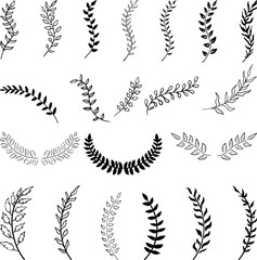 Set of hand drawn silhouette tree branches with laurel, oak and olive foliate. Vector illustration for your frame, border, ornament design, wreaths depicting an award, heraldry, nobility, emblem, logo