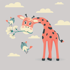 Cute giraffe and funny birds in a hand-drawn style. Vector illustration