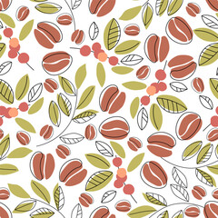 Seamless pattern with coffee beans and branches. Coffee cherries, leaves and beans on a white background. Hand drawn flat style. Vector illustration.