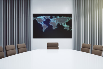 Abstract world map on presentation monitor in a modern boardroom, big data and blockchain concept. 3D Rendering