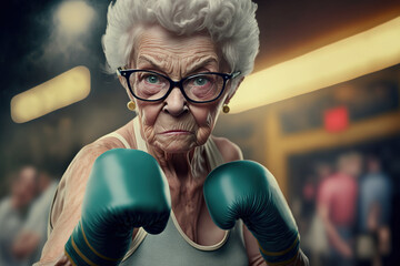 Tough old granny wearing boxing gloves , Generative AI illustration - obrazy, fototapety, plakaty