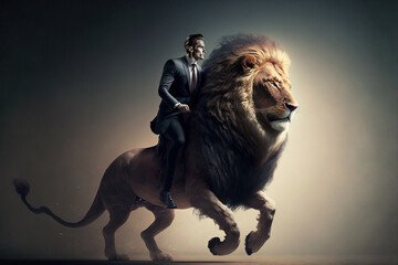 Confident Businessman riding a lion. Generative AI illustration