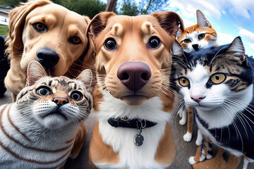 Gang of dogs and cats taking a selfie shot , Generative AI illustration