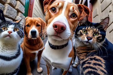 Gang of dogs and cats taking a selfie shot , Generative AI illustration