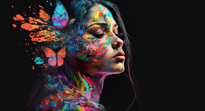 Beautiful surreal portrait of woman with painted butterflies. Generative AI illustration