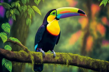 Foto op Aluminium Toucan sitting on the branch in the forest, green vegetation. Generative AI illustration.  © BotTastic