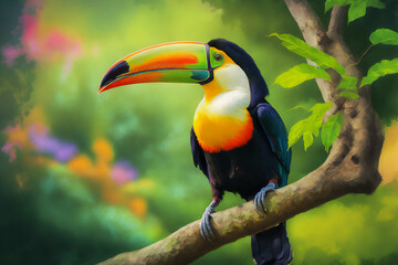Toucan sitting on the branch in the forest, green vegetation. Generative AI illustration.  - obrazy, fototapety, plakaty