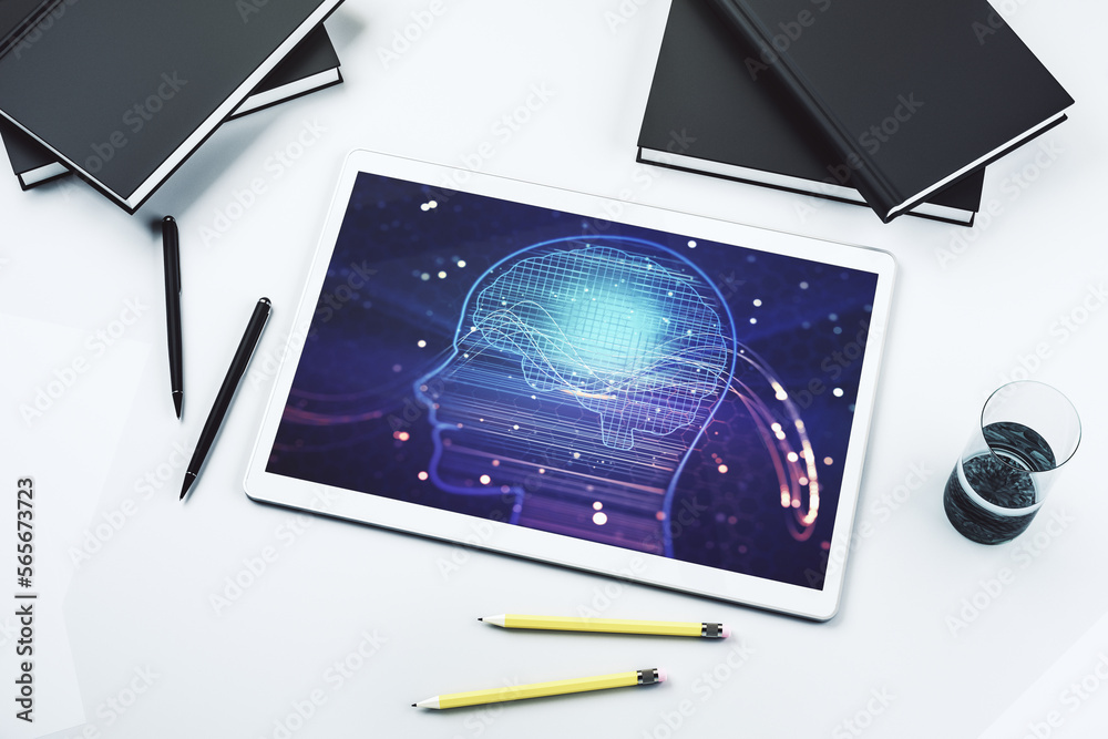 Poster top view of modern digital tablet monitor with creative artificial intelligence symbol. neural netwo