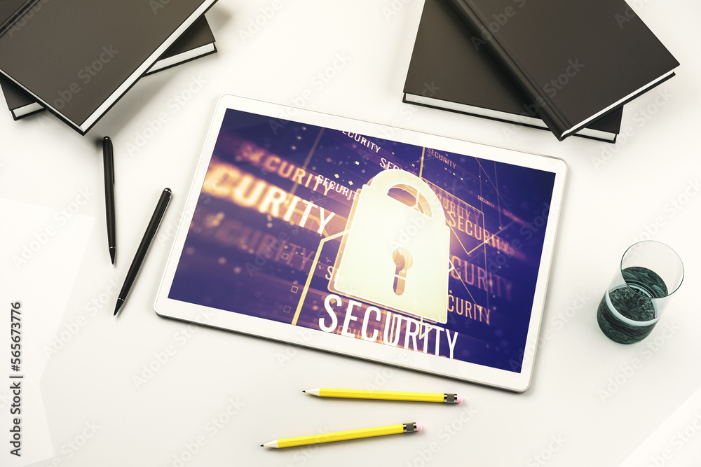 Aufkleber Top view of modern digital tablet monitor with creative lock hologram and chip. Information security concept. 3D Rendering
