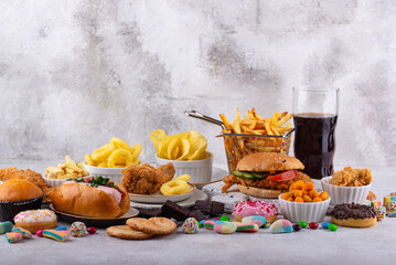 Assortment of various unhealthy junk food.