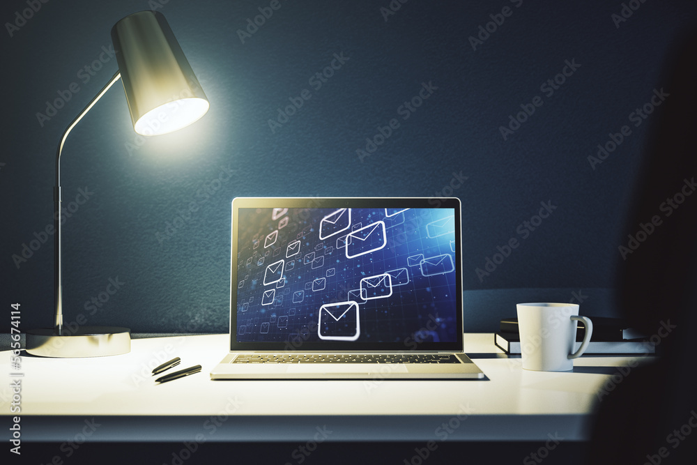Poster Creative abstract postal envelopes hologram on modern computer monitor, email and notification concept. 3D Rendering