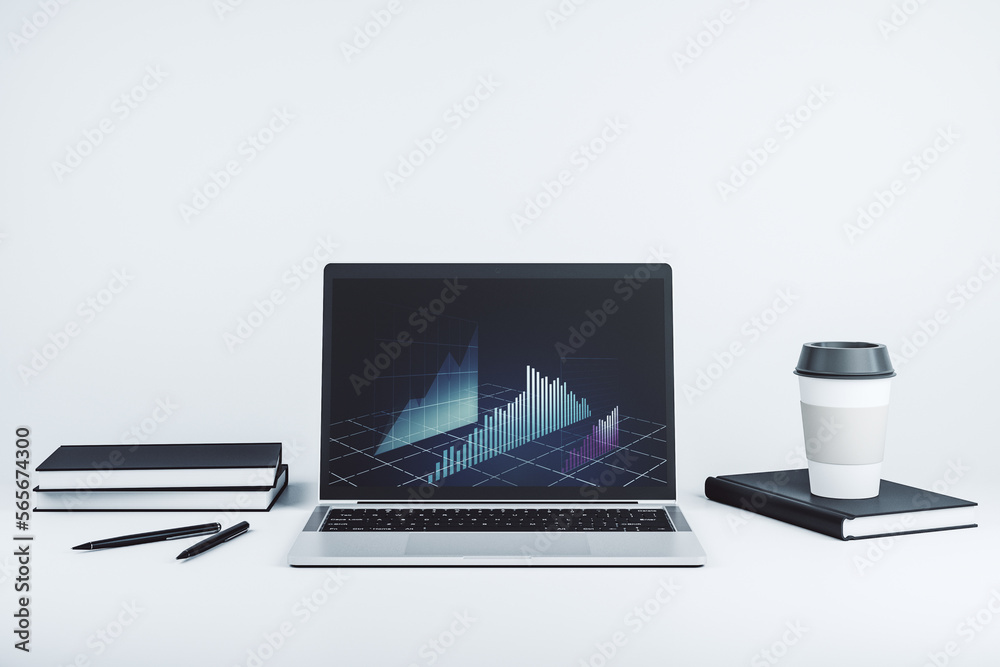 Poster Computer monitor with abstract financial graph, finance and trading concept. 3D Rendering
