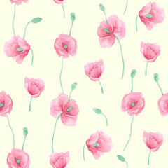 Seamless pattern poppies. Pink flowers on a yellow background. Perfect for fabrics, paper, wallpaper. 