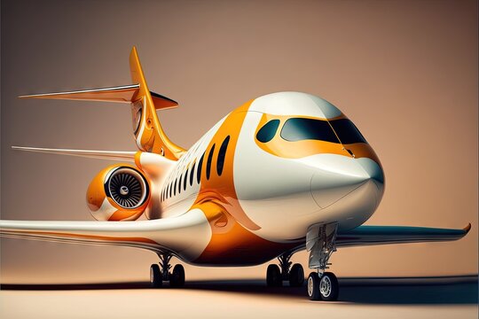  A Small Orange And White Airplane On A Runway With Wheels On The Ground And A Brown Background With A Few White Lines On The Side Of The Plane.  Generative Ai