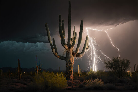 Lightning strike in the desert behind a saguaro cactus by generative AI