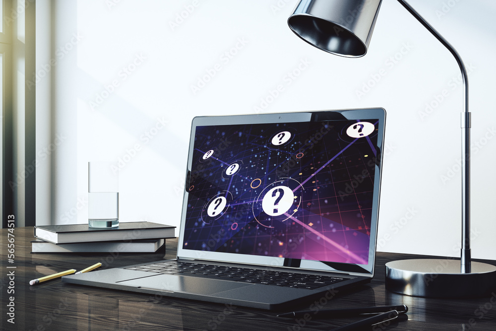 Aufkleber creative concept of question mark illustration on modern laptop screen. faq and search concept. 3d r
