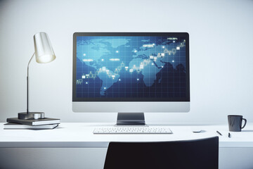 Abstract creative financial graph with world map on modern laptop monitor, forex and investment concept. 3D Rendering