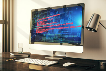 Modern computer screen with abstract graphic coding sketch, big data and networking concept. 3D Rendering