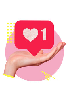 Vertical collage illustration of arm palm hold like notification telegram instagram tiktok facebook