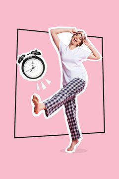 Vertical collage portrait of excited positive girl dancing wear pajama vintage bell ring clock isolated on pink background