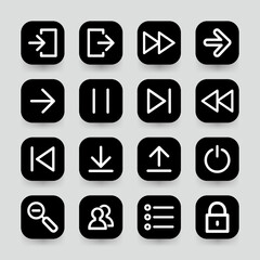 Media player icons collection. Video player button icons, Cinema icon, next, play, pause, back, search and more vector illustration