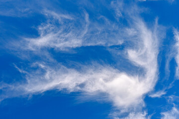 White cirrus clouds in a deep blue sky. No people. Backgrounds.