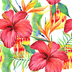 
Watercolor tropical hibiscus flowers in a seamless pattern. Can be used as fabric, wallpaper, wrap.