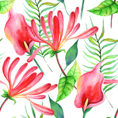 
Watercolor tropical flowers in a seamless pattern. Can be used as fabric, wallpaper, wrap.