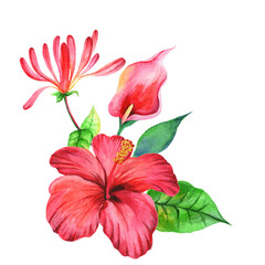 Watercolor bouquet with hibiscus flower isolated on white background.