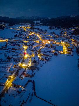 View over  mountain village at night, Sodrazica, Slovenia