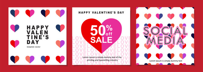Happy Valentines Day square banner for social media posts, mobile apps, banners, digital marketing, sales promotion and website ads. Vector backgrounds, geometric style with hearts pattern.