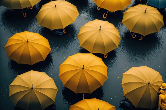  a group of people standing in the rain with umbrellas in the rain, looking down at them, with a person standing in the rain.  generative ai
