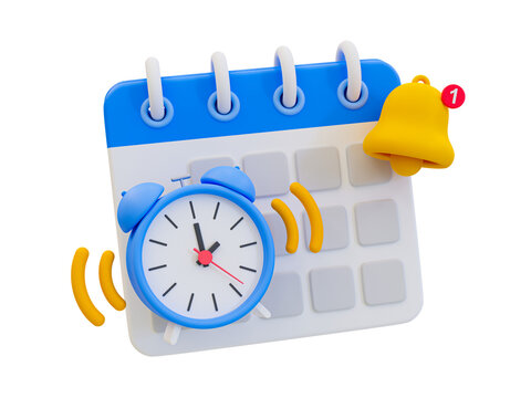 3d Minimal Time Management Concept. Schedule Notification. Meeting Reminder. Calendar With An Alarm Clock And Bell Icon. 3d Illustration.