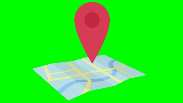 Looping animation of a red geographic location marker hopping in the middle of a folded paper map seen from a three quarter view on green background